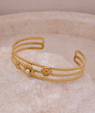 Bracelet jonc acier doré fleurs