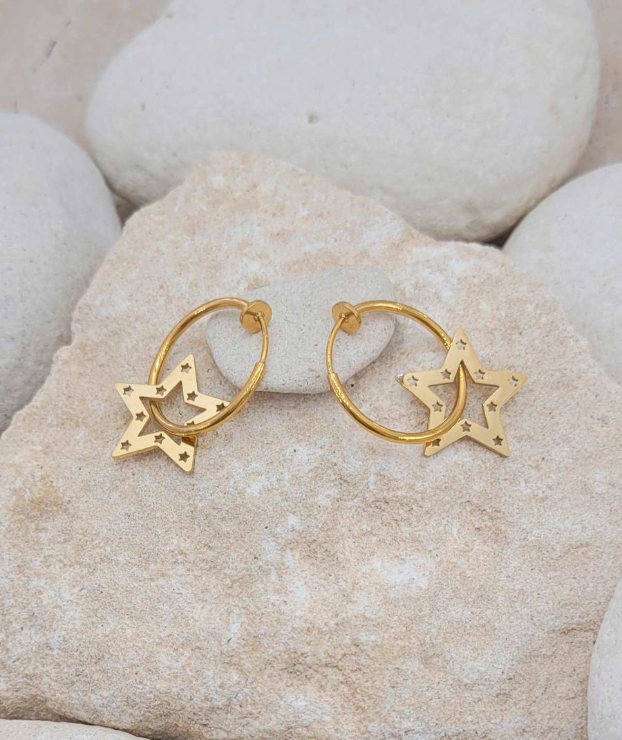 Boucles D'oreilles Créoles Pampilles étoiles - Acier Doré - Zircon - Neuf Avec étiquettes