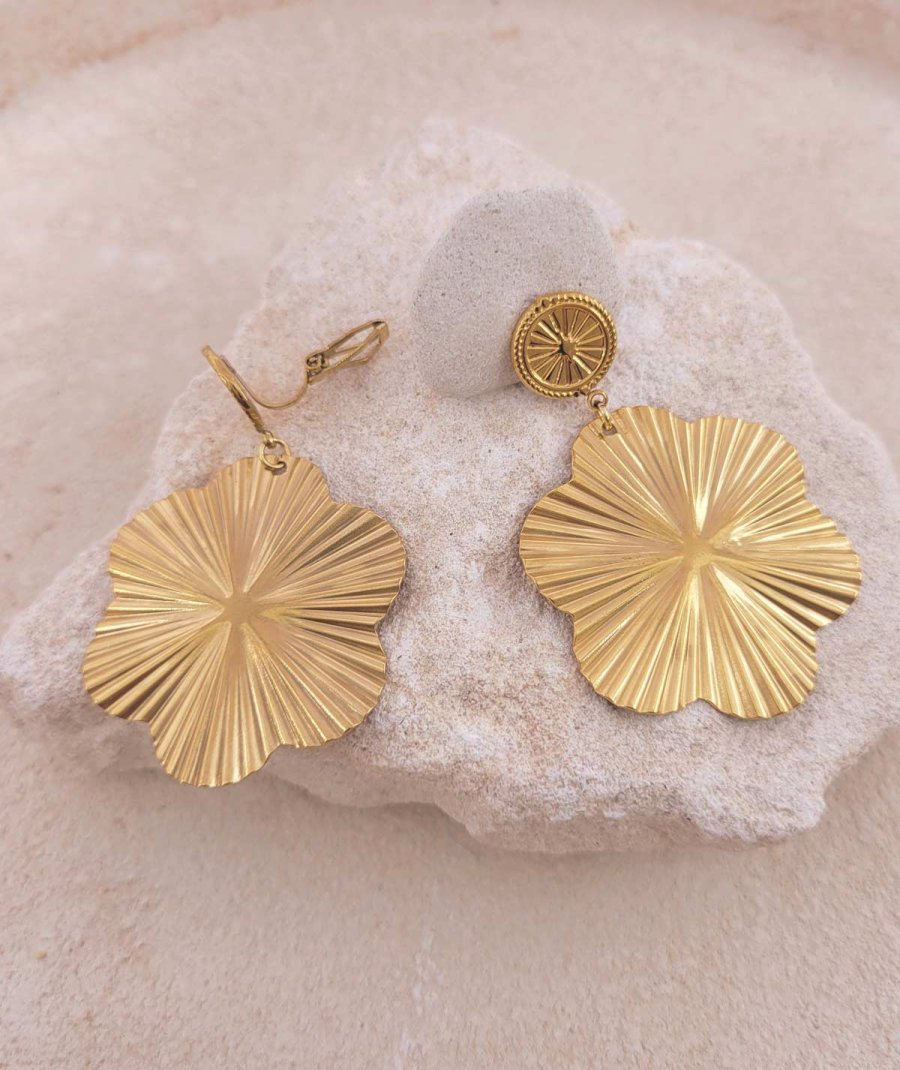 Boucles d'oreilles clip acier doré fleur