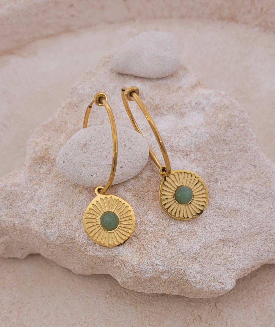 Boucles D'oreilles Clip Doré Avec Jade Vert Et Rose - Style Vintage Art Déco, Neuves, Pièce Unique QD8
