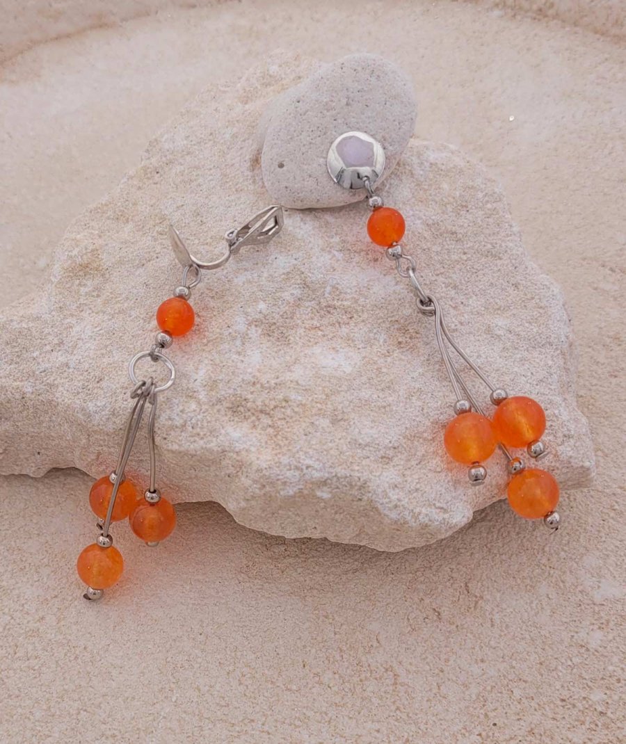 Boucles oreilles clip perles jade orange
