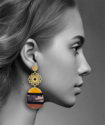 Boucles d'oreilles à clip galet résine gris et ambre (non percées)