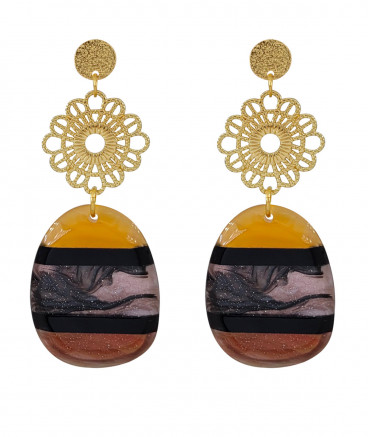 Boucles d'oreilles à clip galet résine gris et ambre (non percées)