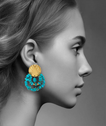Boucles d'oreilles à clips coquille acier doré et turquoise - L'ultra-confort par Tara Pépita