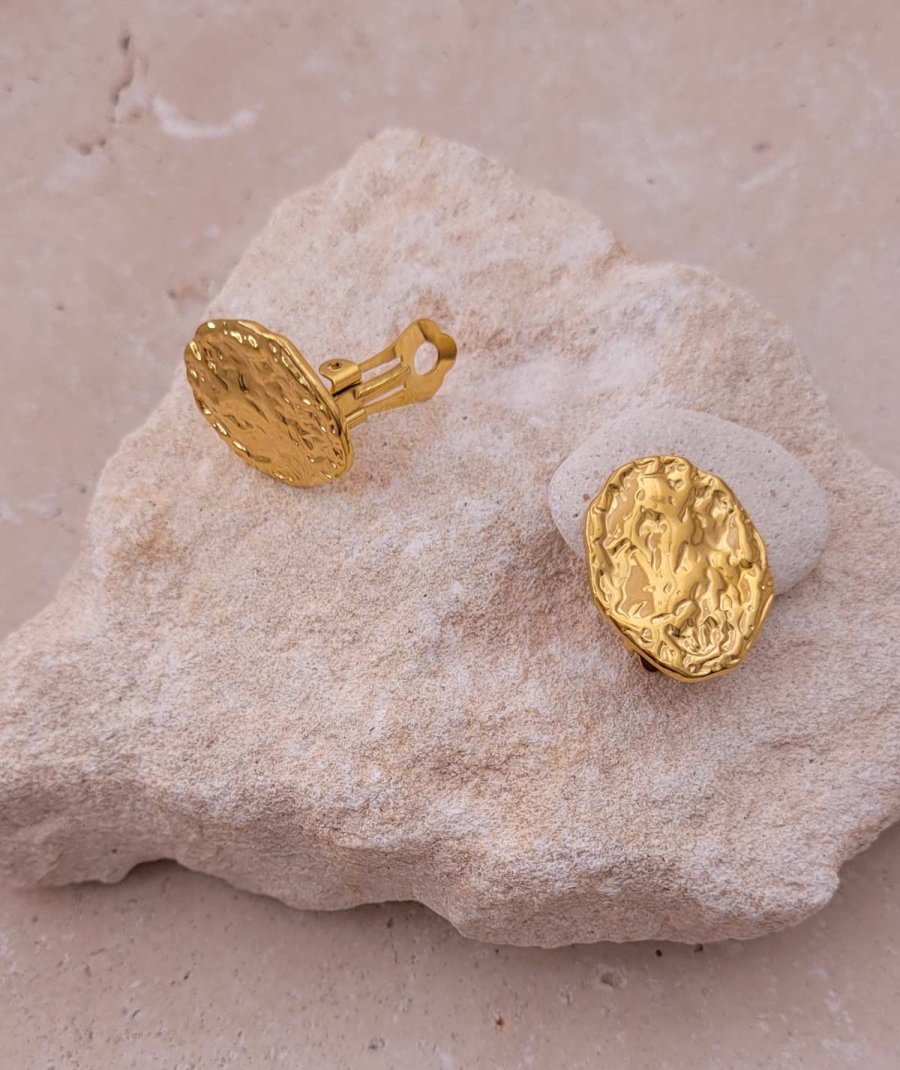 Boucles d'oreilles clip acier ovales martelées