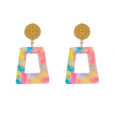 Boucles oreilles clips acier et pendant résine multicolore rose bleu  - L'Ultra-confort par Tara Pépita