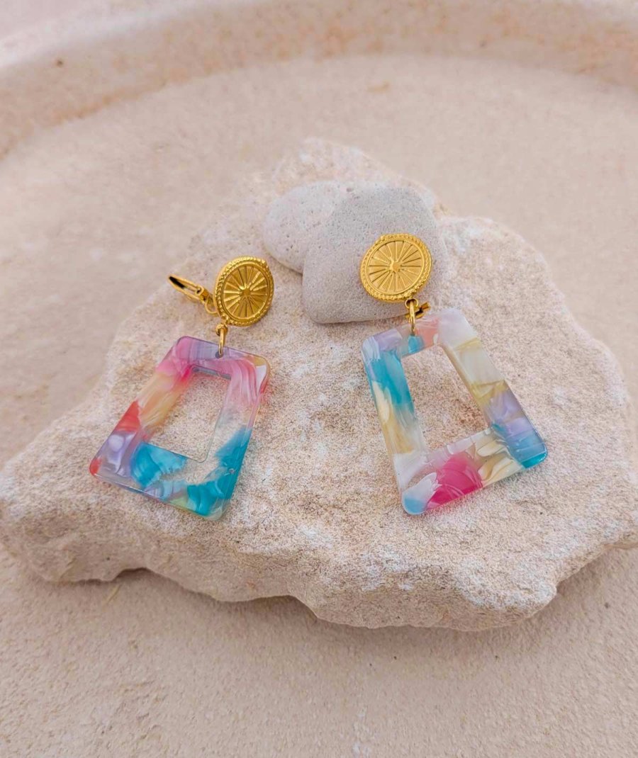 Boucles oreilles clips acier et pendant résine multicolore rose bleu  - L'Ultra-confort par Tara Pépita