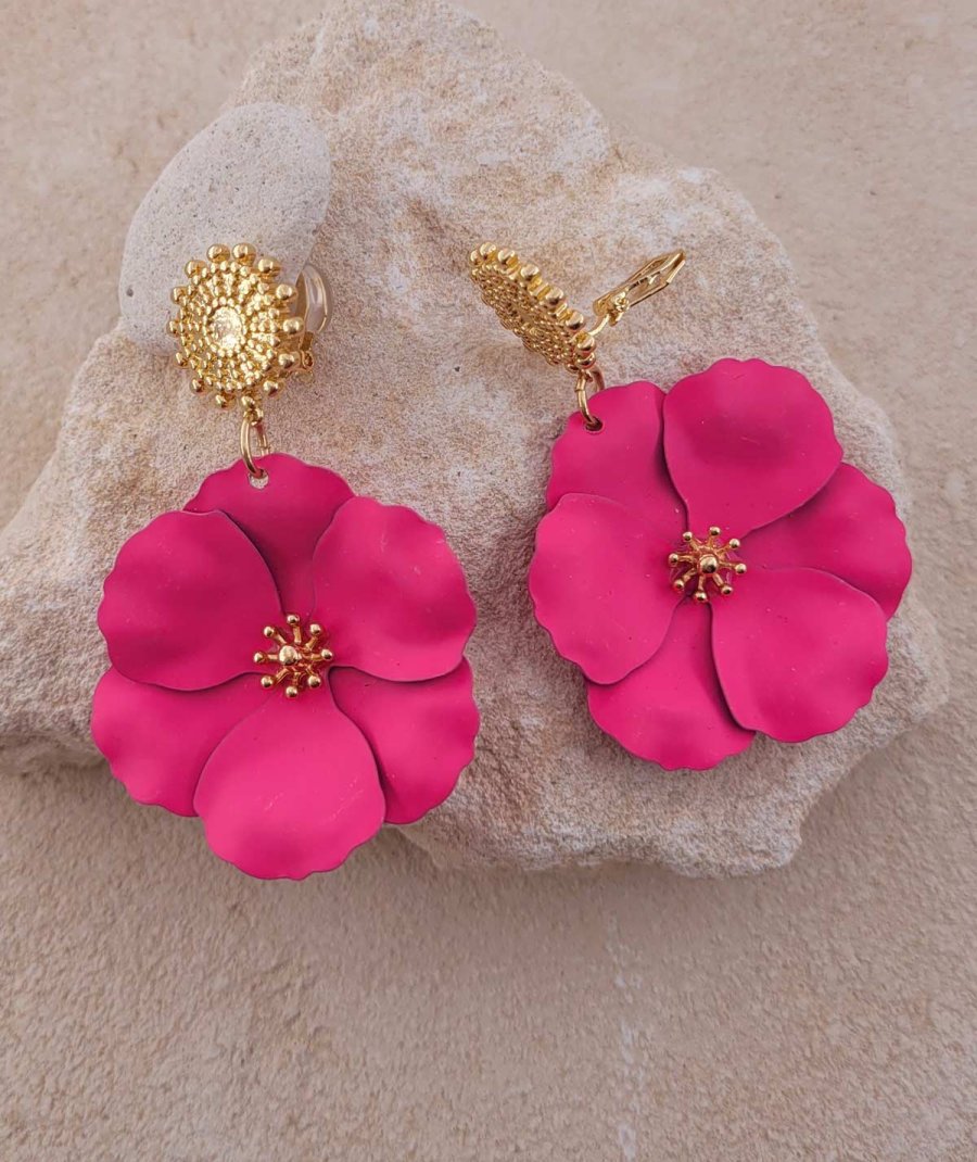 Boucles D'oreilles Clips Longues Fleur Perles Noires Et Dorées - Bijou Fantaisie élégant Sans Marque