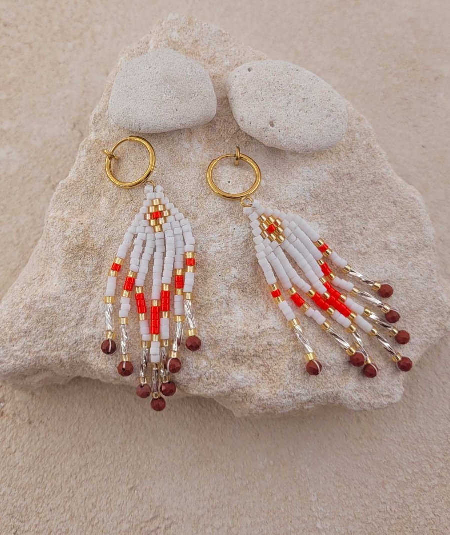 Boucles d'oreilles clip indiennes blanc rouge