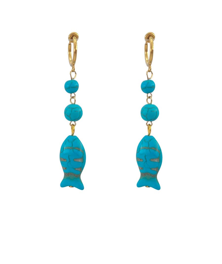 Boucles D'oreilles Anciennes En Argent Massif - Poissons Avec Turquoise Naturelle - Occasion