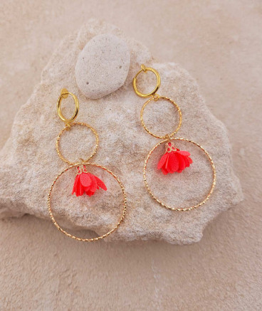 Boucles d'oreilles clips fleur rose fluo