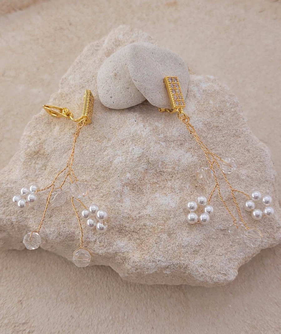 Boucles d'oreilles clip mariage fleurs perles