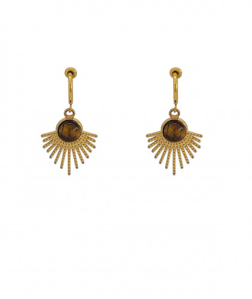 Petites Boucles oreilles pendantes à clips en  acier doré avec une perle oeil de tigre.