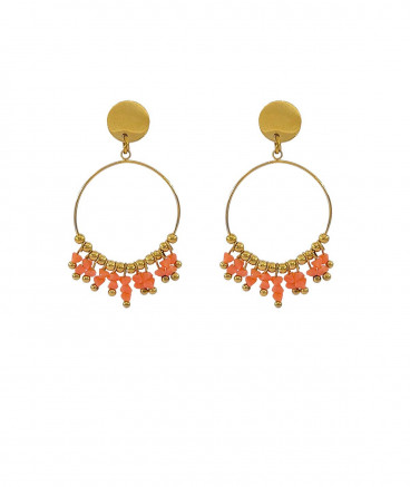Boucles d'oreilles clip acier, du cristal corail sur une fine créole. Légèreté et confort assuré.
