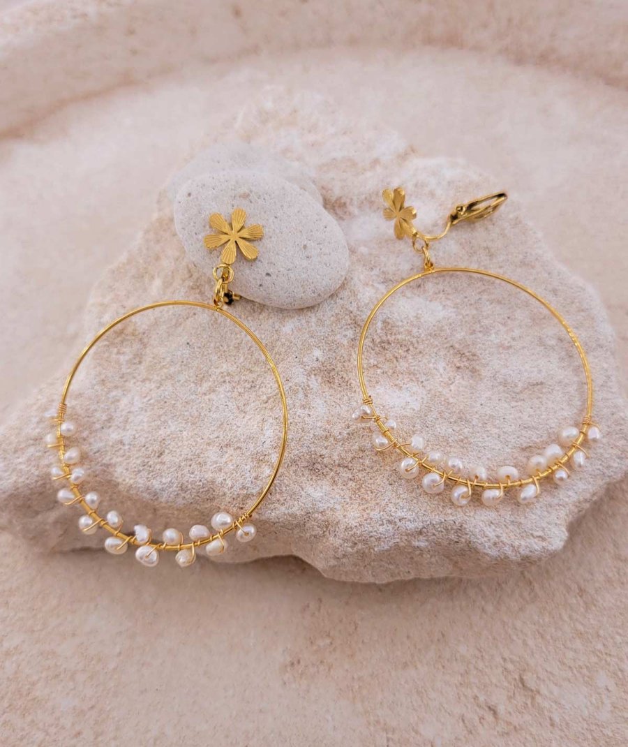 Boucles D'oreilles Clips Vintage Double Anneau Avec Perles Toupie - Doré - Très Bon état