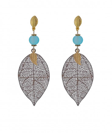 Boucles oreilles clips parfaites, pendant filigrane feuille taupe. Ultra légères, ultra confort.