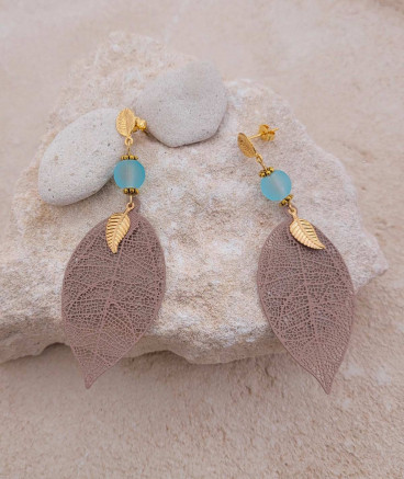Boucles oreilles filigrane feuille taupe