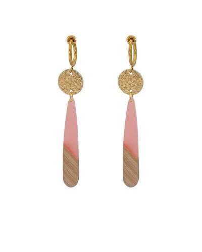 Boucles d'oreilles à clip rose et bois Confort quotidien – Création Tara Pépita