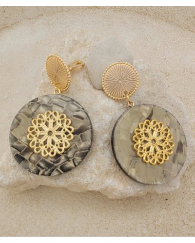 Boucles oreilles clips acétate nacre taupe et dorées (non percées)