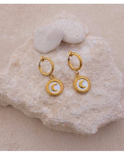 Boucles oreilles clips acier doré charms Lune (non percées)