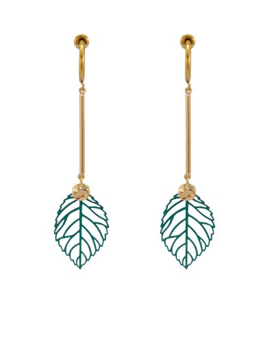 Boucles d'oreilles clips pendantes feuille verte (non percées)