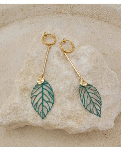 Boucles d'oreilles clips pendantes feuille verte (non percées)