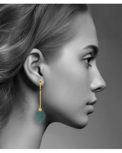 Boucles d'oreilles clips pendantes feuille verte (non percées)