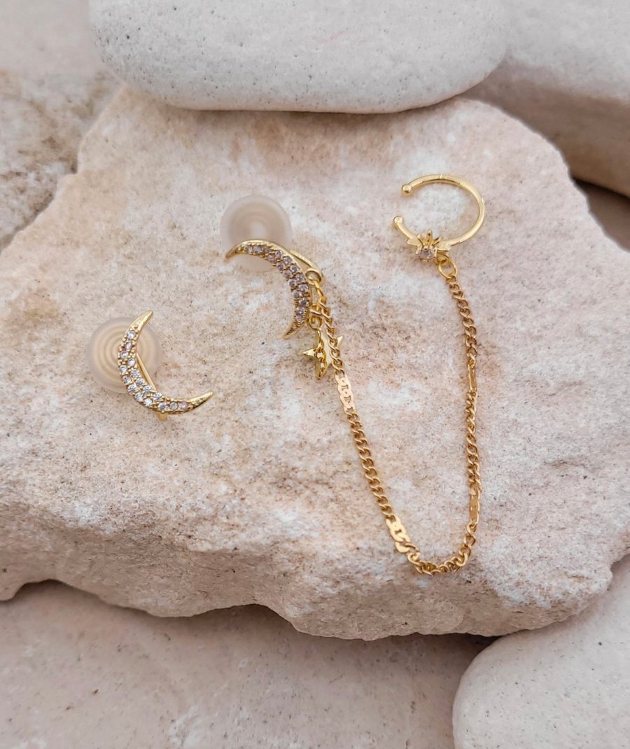 Bijoux d'oreilles Ear cuff non percé strass Lunes dorées