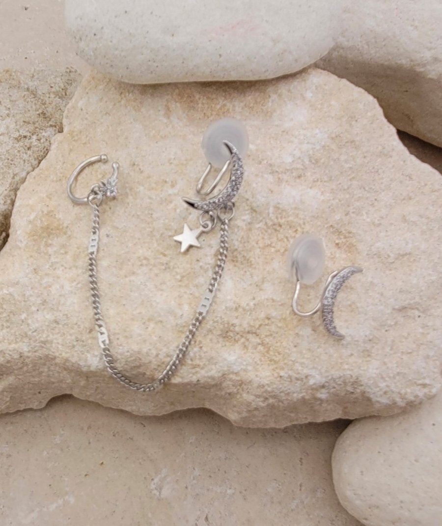 Bijoux d'oreilles Ear cuff non percé strass Lunes rhodié