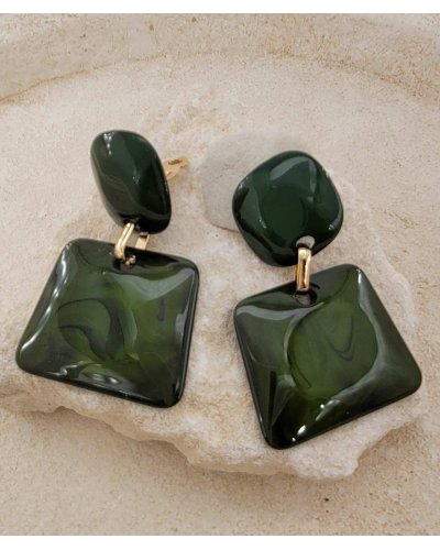 Boucles oreilles clips acétate résine vert olive (non percées)