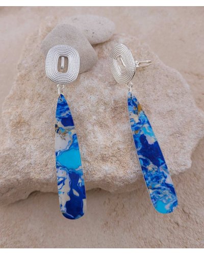 Boucles oreilles clips pendantes marbrées bleu glacier non percées