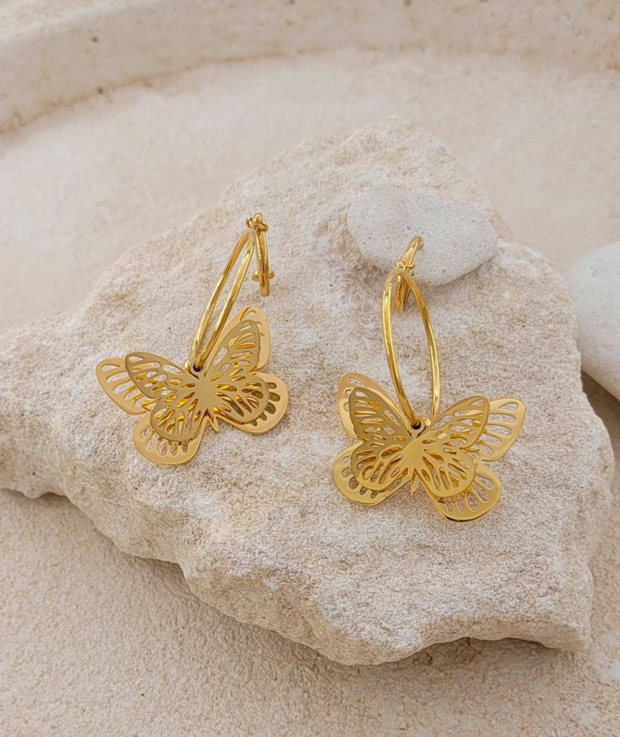 Boucles d'oreilles à clip en acier doré Papillons sur créole pour oreilles non percées -Création Tara pépita