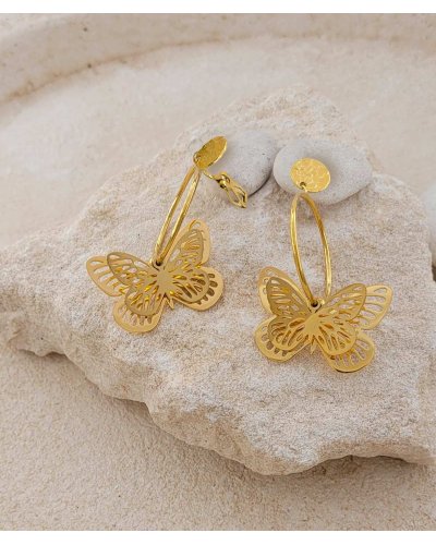 Boucles oreilles clip acier créole et papillon (non percées)