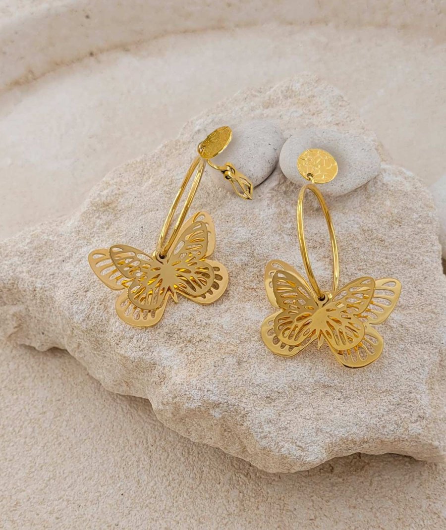 Boucles oreilles clip acier créole et papillon (non percées)