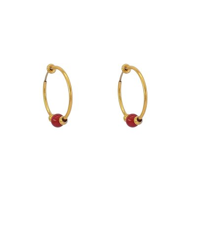 Créoles clip acier doré 3 cm cornaline rouge (non percées)