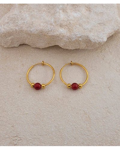 Créoles clip acier doré 3 cm cornaline rouge (non percées)