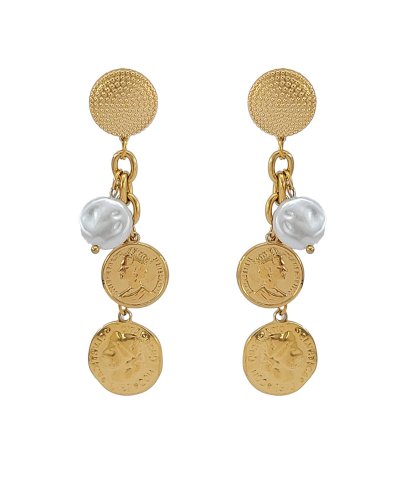 Boucles d'oreilles clip acier doré chaîne perle médaille (non percées)
