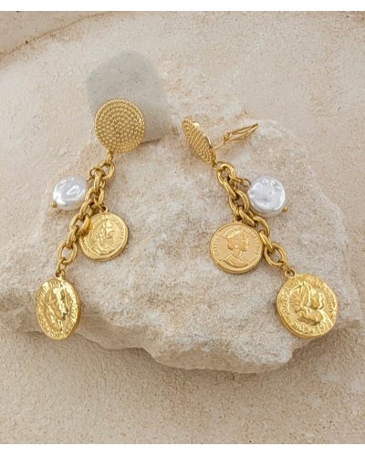 Boucles d'oreilles clip acier doré chaîne perle médaille (non percées)
