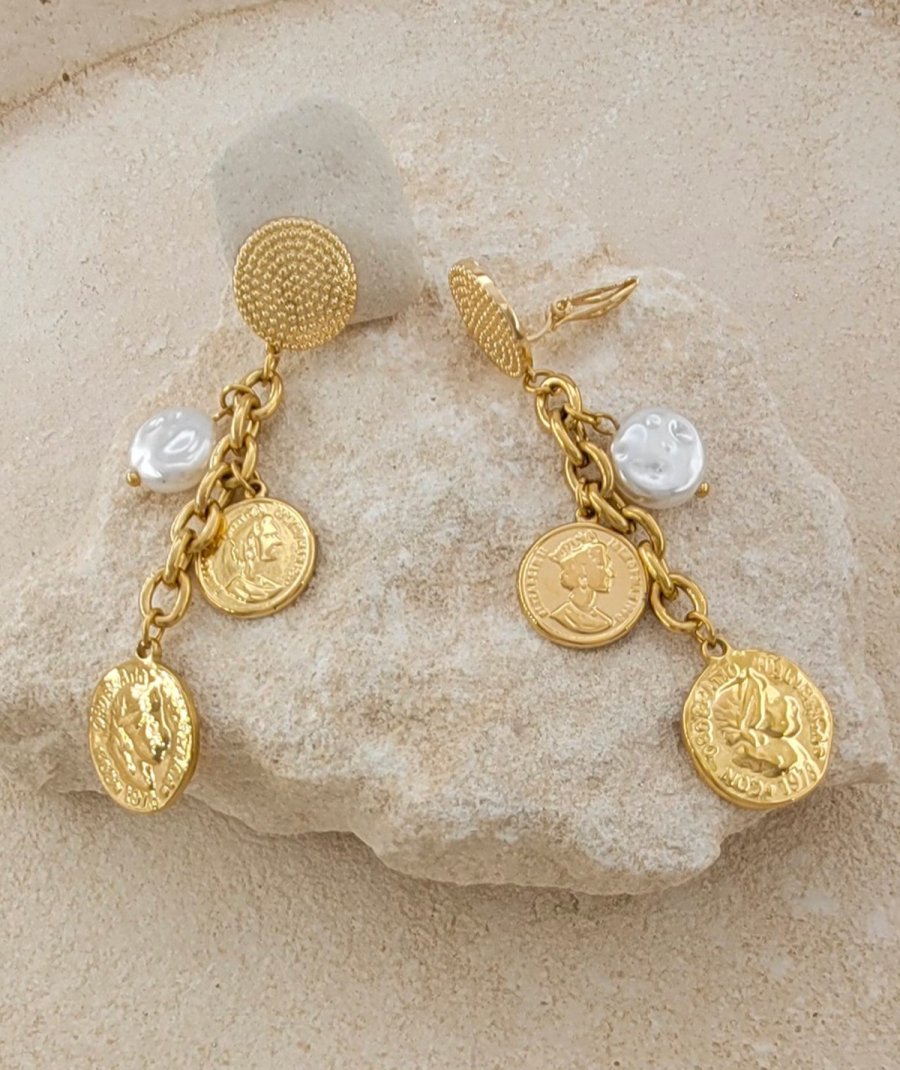Boucles d'oreilles clip acier doré chaîne perle médaille (non percées)