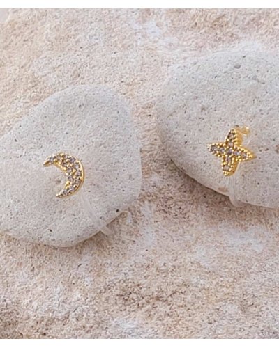 Mini boucles oreilles clip asymétriques lune étoile  - L'Ultra-confort par Tara Pépita