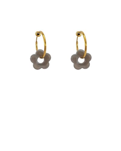 Créoles clip acier doré 2 cm fleur grise (non percées)