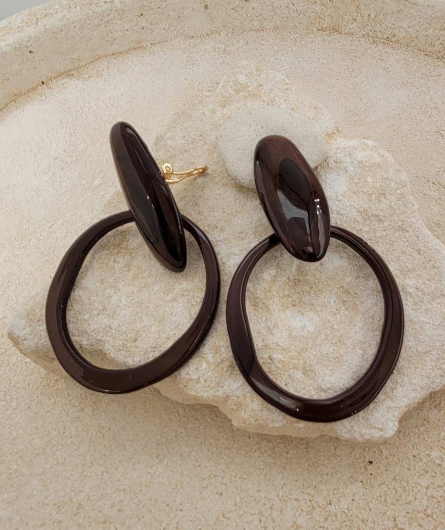 Boucles oreilles clips acétate marron acajou (non percées)
