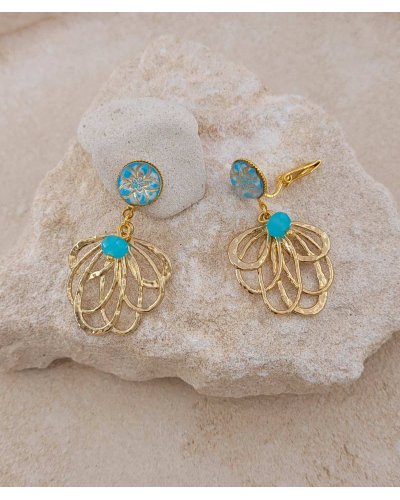 Boucles d'oreilles à clips de taille moyenne dorées et turquoise lumineuses et légères  - L'Ultra-confort par Tara Pépita