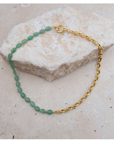 Collier ras du cou acier doré jade vert