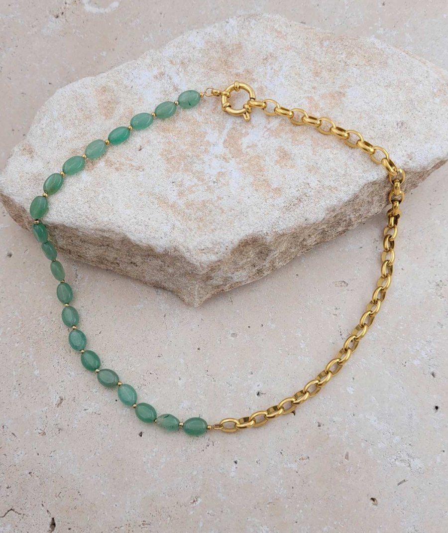 Collier ras du cou acier doré jade vert