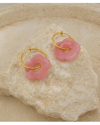 Créoles clip acier doré 2,5 cm acétate rose (non percées)