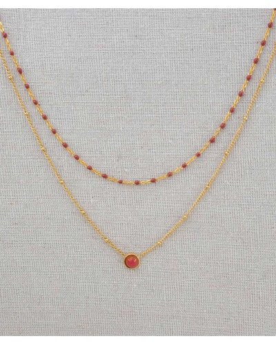 Collier ras du cou acier doré double rang corail
