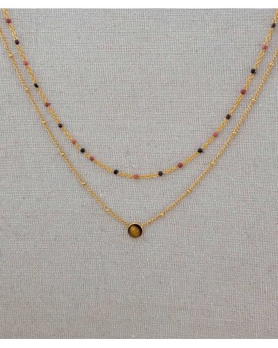 Double collier acier doré oeil de tigre