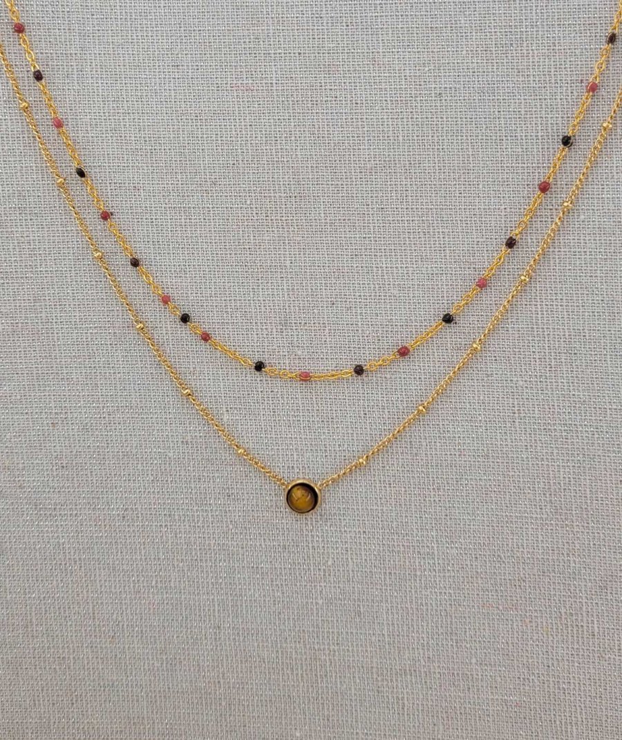 Double collier acier doré oeil de tigre