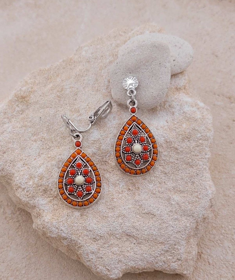 Boucles oreilles à clips pendantes orange Confort quotidien – Création Tara Pépita